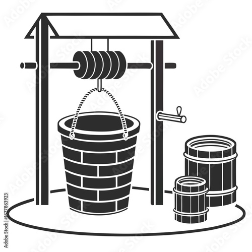 Silhouette of a brick well with a bucket and two wooden barrels water well wishing well