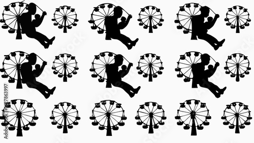 A repeating pattern of silhouettes featuring people on ferris wheels against a white background design art
