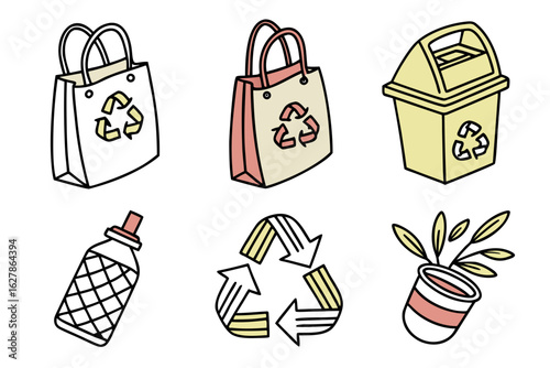 Recycling symbols and ecofriendly items isolated on white background