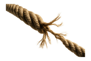 Frayed hemp rope unraveling and showing signs of wear on transparent background.