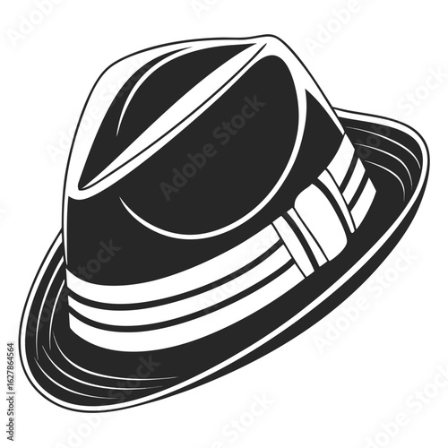 Black and white illustration of a fedora hat with a striped band fashion accessory