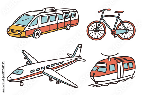 Collection of diverse transportation vehicles including a bus, airplane, bicycle, and train