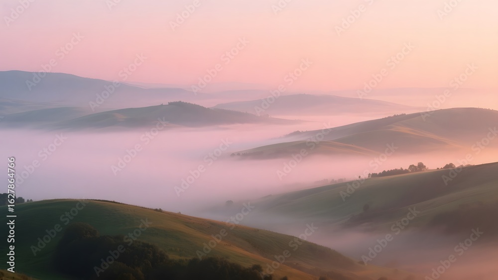 Fototapeta premium Foggy Valley at Dawn with Rolling Hills and Soft Pink Sky