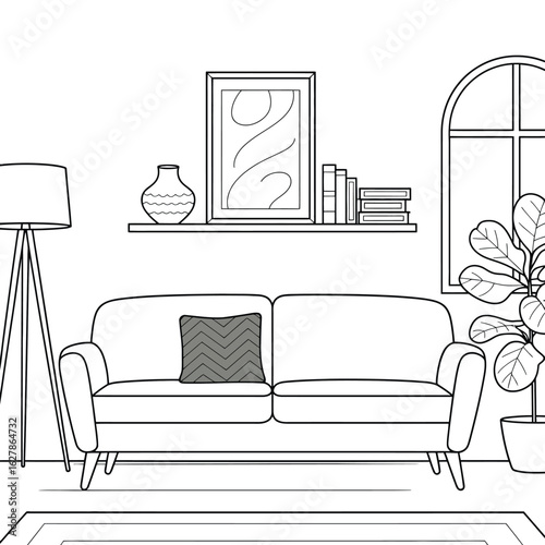 Modern living room interior sketch with sofa lamp and window