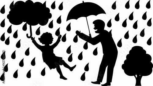 Silhouette of a person helping a child with an umbrella in the rain near a tree and a cloud umbrella