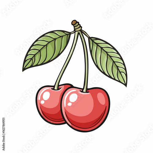 Illustration of two red cherries hanging with green leaves conveying freshness and sweetness