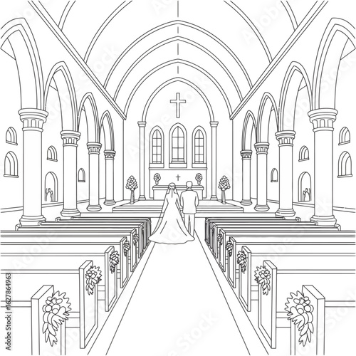 Architectural sketch of a wedding ceremony in a grand church aisle