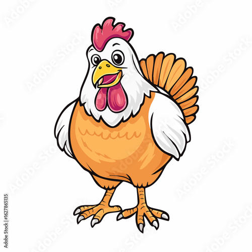 Adorable cartoon chicken character with friendly expression on white background
