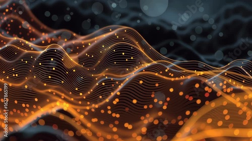 Glowing abstract terrain with flowing golden waves and scattered light particles