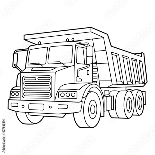 Black and white outline drawing of a large dump truck