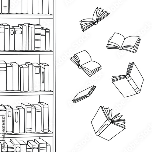 Sketch of a bookshelf with open books flying off the shelves