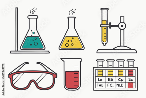 Science laboratory equipment including flasks, beakers, test tubes, and goggles