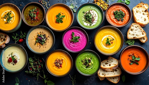 Colorful soup bowls with assorted toppings