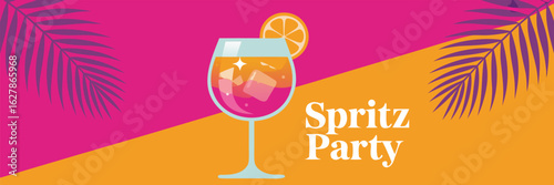 Illustration of Spritz Party Drink with Orange Slice, Palm Leaves, on Bright Background