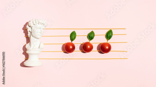 Spaghetti, cherry tomatoes and basil, basic ingredients for the famous recipe of pasta with sauce, a creative composition inspired by Italian culture.