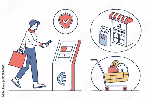 Customer using mobile phone for payment at selfservice kiosk