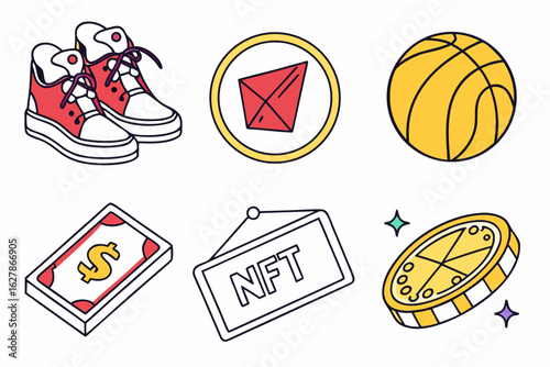 Collection of icons sneakers, nft, basketball, money, and crypto coin