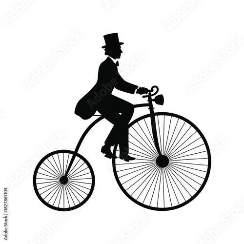 Silhouette of a gentleman in a top hat riding a vintage penny farthing bicycle