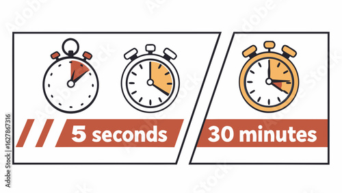 Illustration showing three stopwatches indicating different time intervals of five seconds and thirty minutes