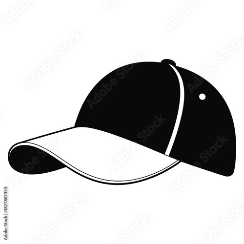 Black and white baseball cap with curved brim and stitched details