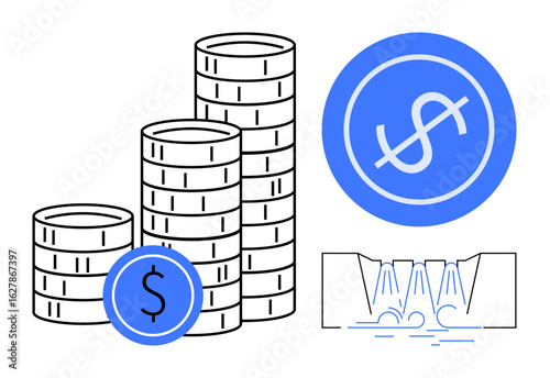 Stacked coins, large dollar sign, and flowing money visuals highlighting finance themes. Ideal for business, savings, investments, wealth, management financial planning economy. Simple flat