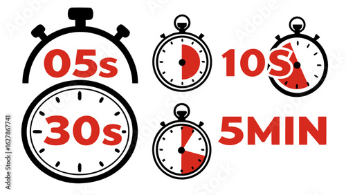 Illustration showing multiple timers with different durations in seconds and minutes displayed in red