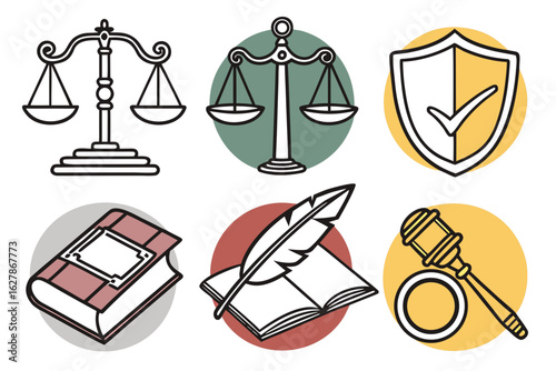 Collection of legal and justice icons, including scales of justice, gavel, and book