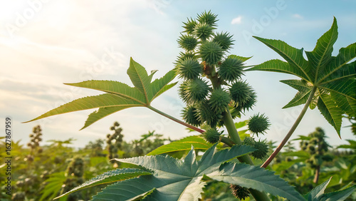 Lush Green Castor Bean Plants with Thorny Seed Pods