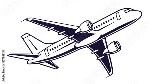 Airplane with two engines taking off into the sky with its wings and tail visible in the image