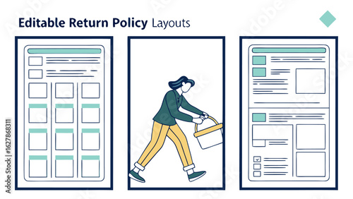 Illustration of three layouts including a grid, a person carrying a basket, and a form layout design