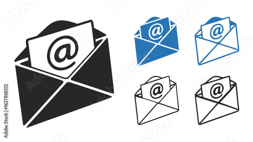 Illustration of open envelopes with at symbol on the letter in black and blue colors
