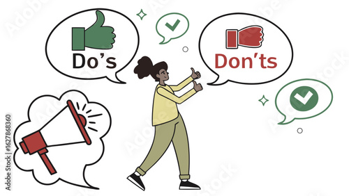 Woman presenting dos and donts with thumbs up and down along with a megaphone in speech bubbles
