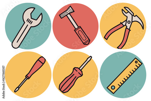 Collection of six different hand tools in colorful circles