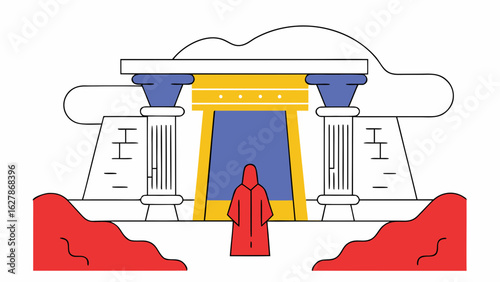 Cloaked figure stands before ancient Egyptian temple under cloudy sky, evoking mystery and awe