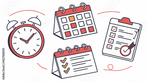 Alarm clock with calendars and checklist illustrating time management and organization skills