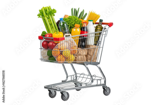 Classic silver chrome shopping cart with wheels, brimming with diverse fresh groceries including celery, apples, lettuce, oranges, and pantry items like spaghetti, juice, milk, isolated on a pure