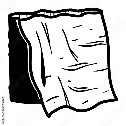 Hand drawn wrinkled fabric draped over cylindrical object in monochrome style