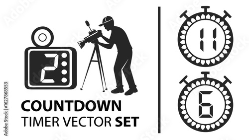 Illustration of a countdown timer set with a cameraman and digital display of the time in black and white