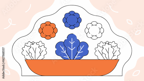 Colorful vegetables in bowl with leafy greens and stylized cauliflower illustration