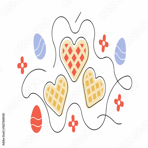 Colorful pastel background with golden waffles, strawberries, and blueberries creating cheerful breakfast vibe