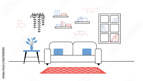 Cozy living room with brick walls, wooden floor, bookshelves, and modern decor elements
