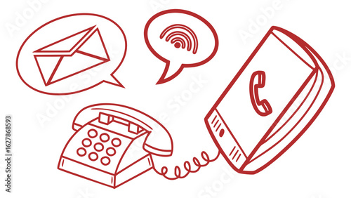 Red outline drawing of a landline phone, smartphone, email icon and wifi icon in speech bubbles