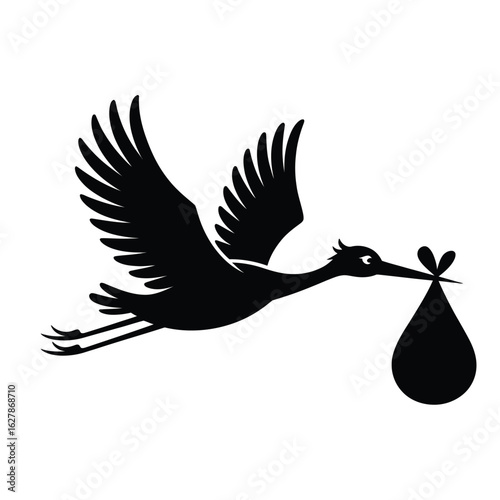 Silhouette of a stork carrying a baby in a bundle