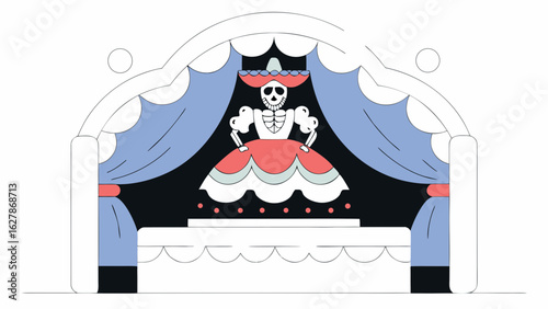 Colorful skeleton figurine in ornate dress on stage with curtains, festive and theatrical Day of Dead theme