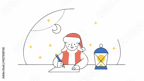 Girl in santa costume writes letter under moonlight with stars and lantern glowing warmly