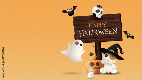 Happy Halloween on wooden signboard posts and 3D cute halloween's cartoon character with orange background graphic illustration have blank space.