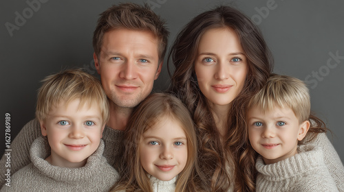 Happy Family Lying On The Floor Together Smiling At The Camera: Parents With Young Children Wearing Cozy Sweaters In Warm And Loving Moment