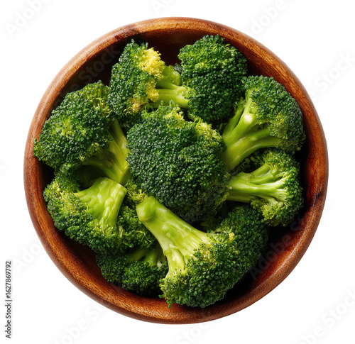 Fresh broccoli florets in a wooden bowl