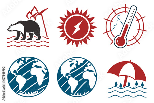 Climate change icons global warming, weather, earth, nature, and environment symbols