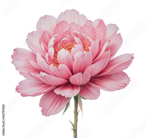 A beautiful pink dahlia blossom with delicate petals is isolated against a clean white background